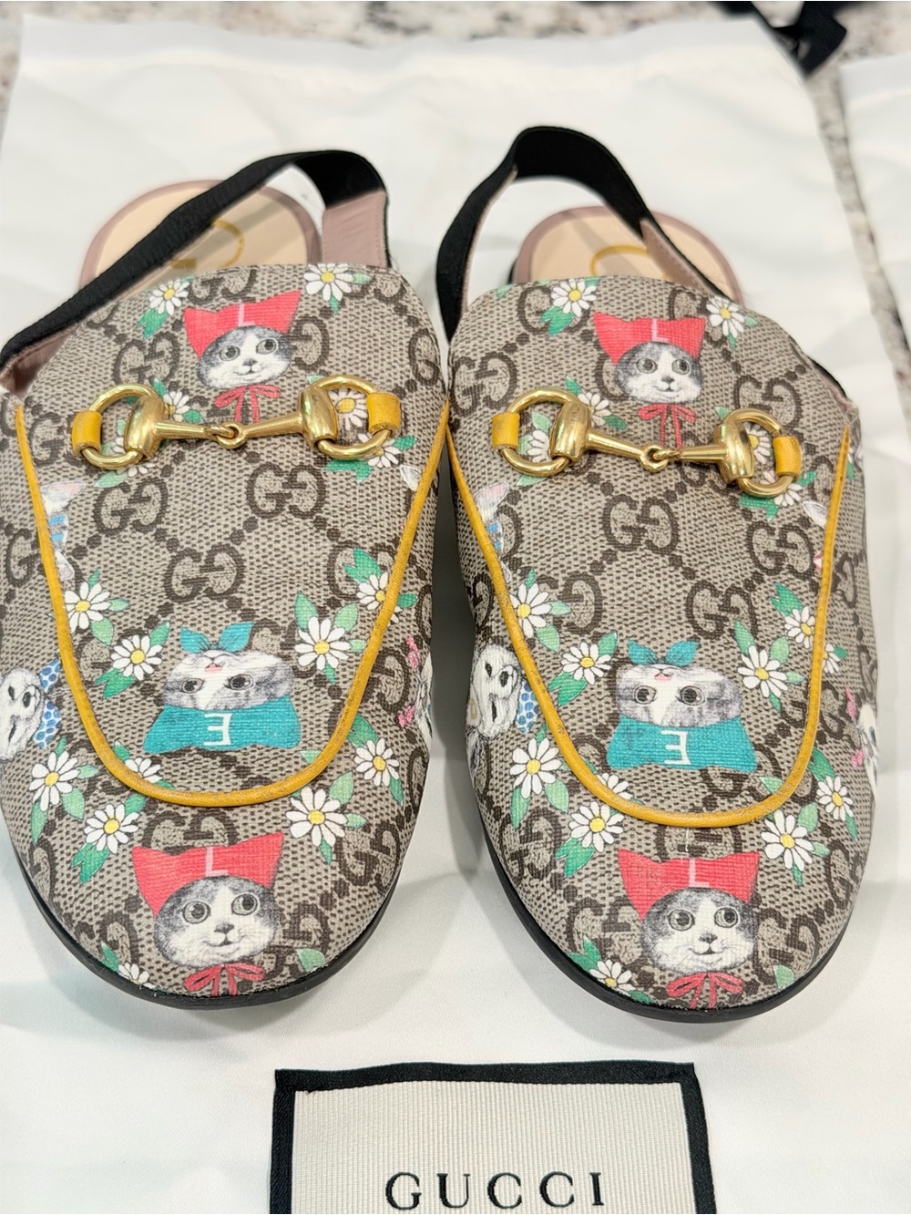 Gucci Kids' Cat Print Horsebit Backless Loafers - Beige Yellow Accents size 33